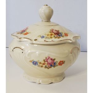 Sugar Bowl, Floral, Porcelain, 6 inches tall, 7inches wide